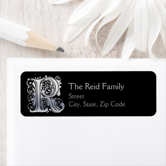 R Monogram "Silver Lace"-ontwerpadrestabellen Etiket (Insitu)