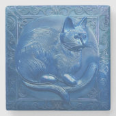 R Navy Blue faux relief Art Nouveau Cat Stenen Onderzetter (Voorkant)