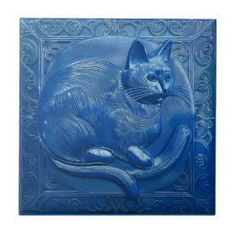 R Navy Blue faux relief Art Nouveau Cat Tegeltje