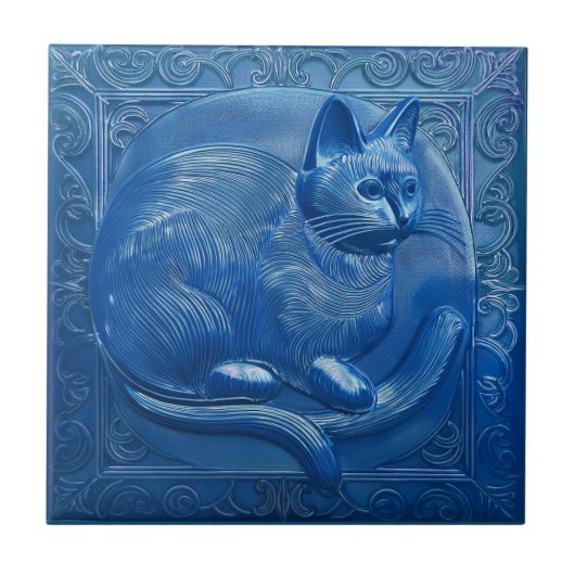 R Navy Blue faux relief Art Nouveau Cat Tegeltje (Voorkant)