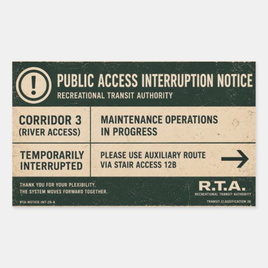 R.T.A. Openbare Toegang Interruptiemeldingsticker Rechthoekige Sticker (Voorkant)