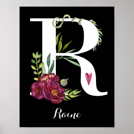 R Waterverf Floral Monogram aangepast Nursery Post Poster (Voorkant)