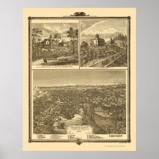 Raad Bluffs, IA Panoramic Map - 1875 Poster (Voorkant)
