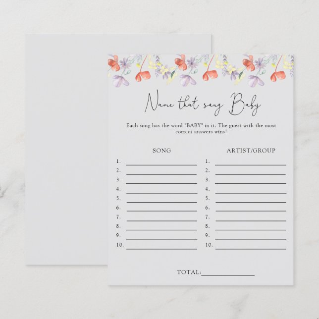 Raad dat lied \ Wildflowers baby shower spel (Voorkant / Achterkant)