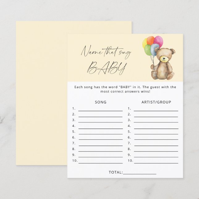Raad dat liedje baby shower spel - Beer (Voorkant / Achterkant)