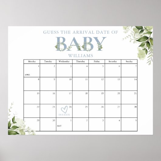 Raad de aankomstdatum GreenGenery Blue Baby shower Poster (Voorkant)