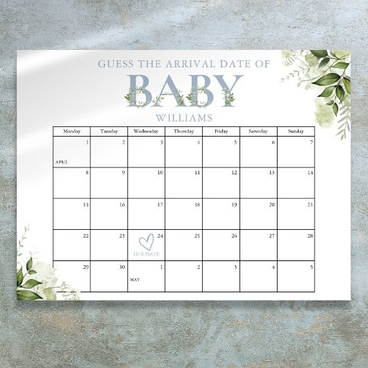 Raad de aankomstdatum groene blauwe babyshower poster