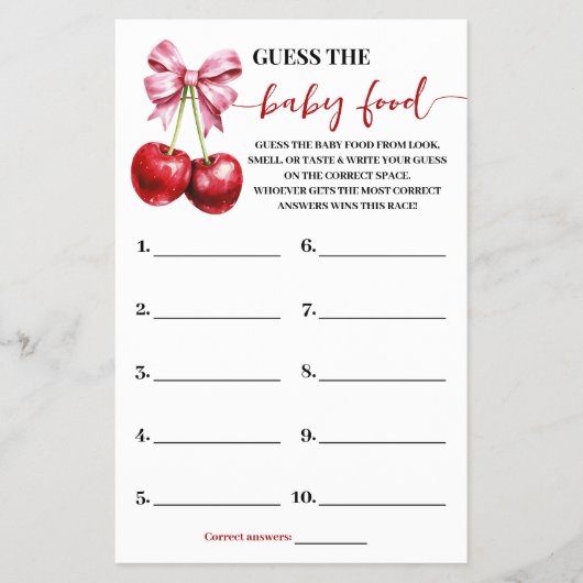 Raad de Baby Food Cherry Baby shower Game Kaart (Voorkant)