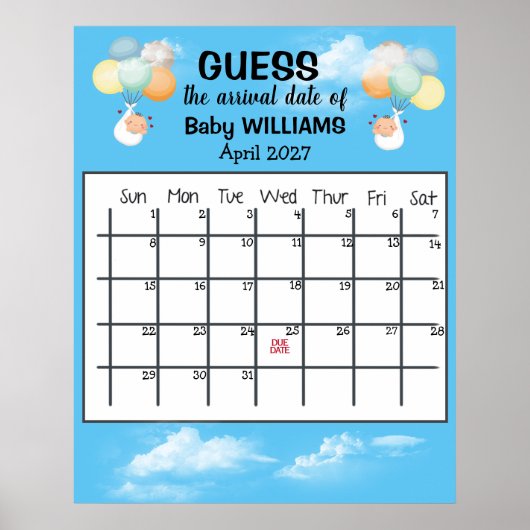 Raad de bevallingsdatum kalender baby ballon poste poster (Voorkant)