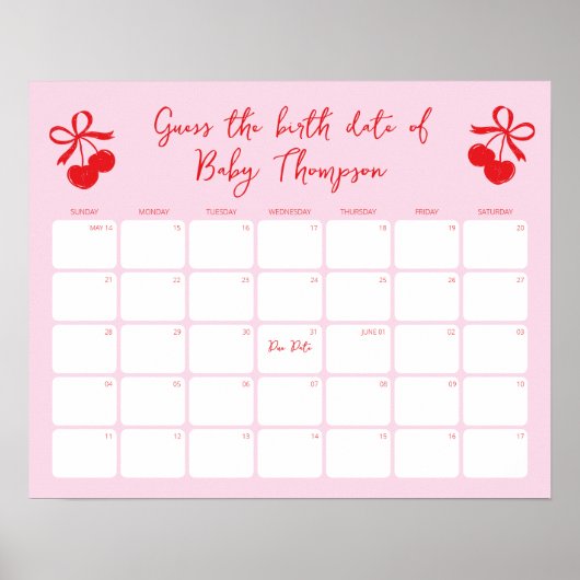 Raad de geboortedatum Cherry Baby shower Kalender Poster (Voorkant)