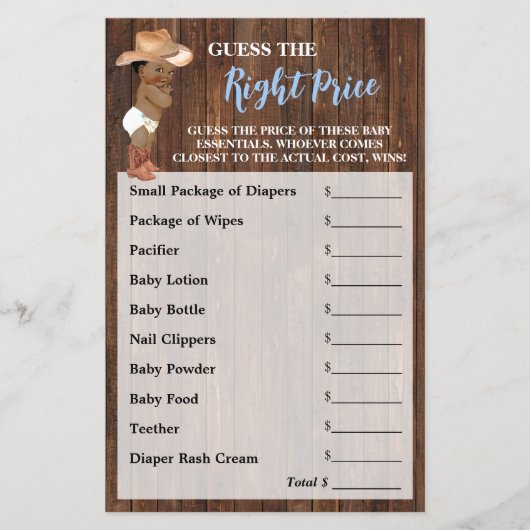 Raad de juiste prijs AA Cowboy Baby shower Game Flyer (Voorkant)