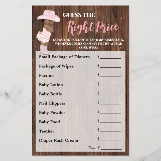 Raad de juiste prijs AA Cowgirl Baby shower Game Flyer (Voorkant)