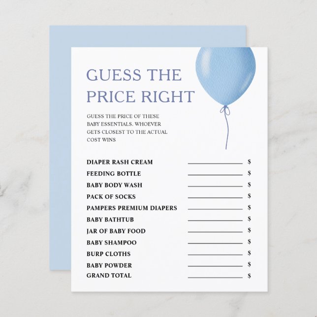 Raad de prijs Blue Balloon Boy Baby shower spel (Voorkant / Achterkant)