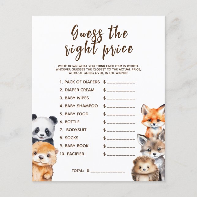 Raad de Prijs Bosdieren Baby Shower Spel (Voorkant)