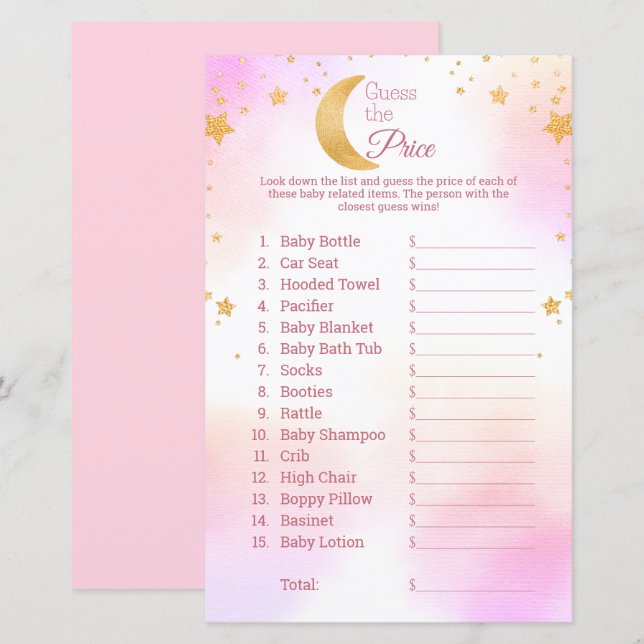 Raad de prijs Moon Stars Roze Baby shower Spel (Voorkant / Achterkant)