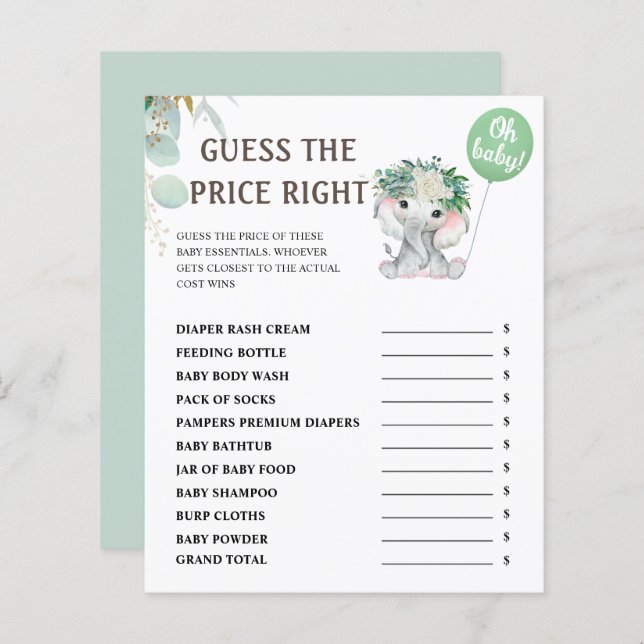 Raad de prijs | Olifant groen Baby shower spel (Voorkant / Achterkant)