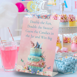 Raad de snoepjes Vlinders Tweeling Baby Shower Reclamebord Met Voetstuk