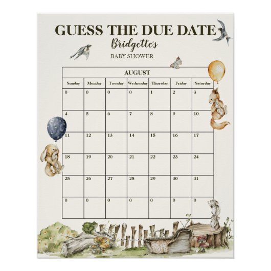 Raad de vervaldatum Forest Waterverf Baby shower Perfect Poster (Voorkant)
