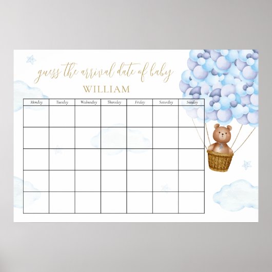 Raad De Verwachte Bevallingsdatum Teddybeer Blauwe Poster (Voorkant)