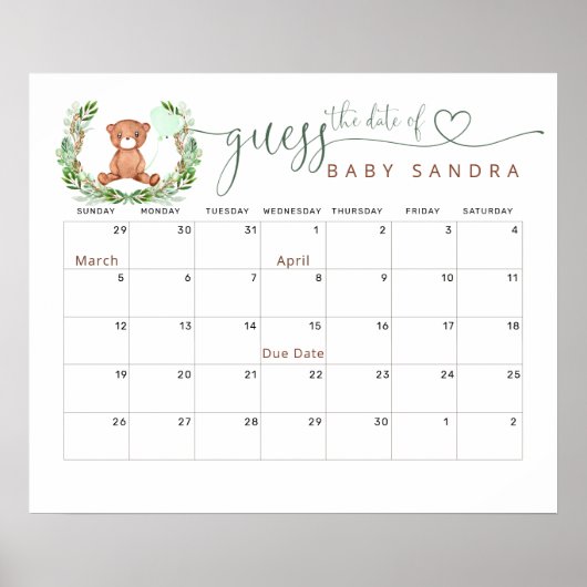 Raad de Verwachte Datum Kalender Teddybeer Poster (Voorkant)