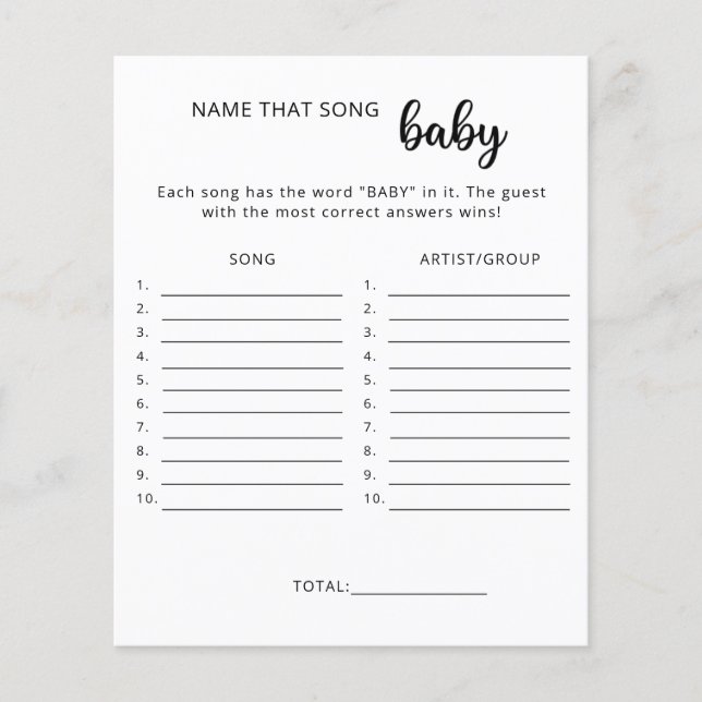 Raad die song baby shower spel (Voorkant)