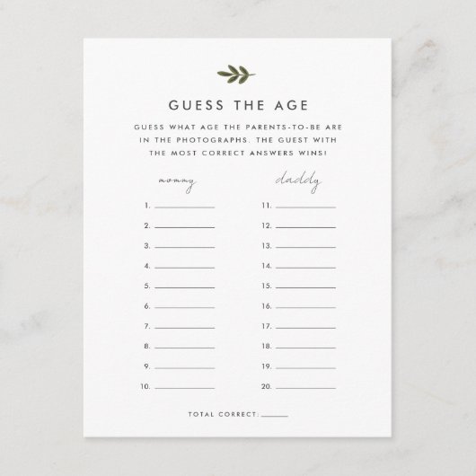 Raad eens de Age Baby shower Game Informatiekaartje (Voorkant)