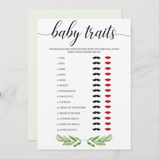 Raad eens de Baby Traits Baby shower Game Greenery (Voorkant / Achterkant)