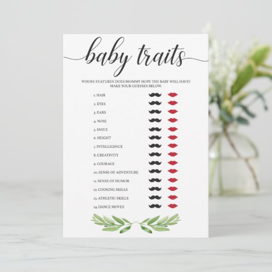 Raad eens de Baby Traits Baby shower Game Greenery (Staand voorkant)