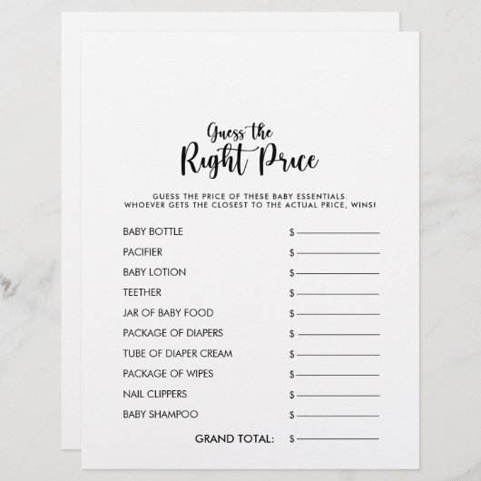 Raad eens de juiste prijs voor het Baby shower (Voorkant / Achterkant)