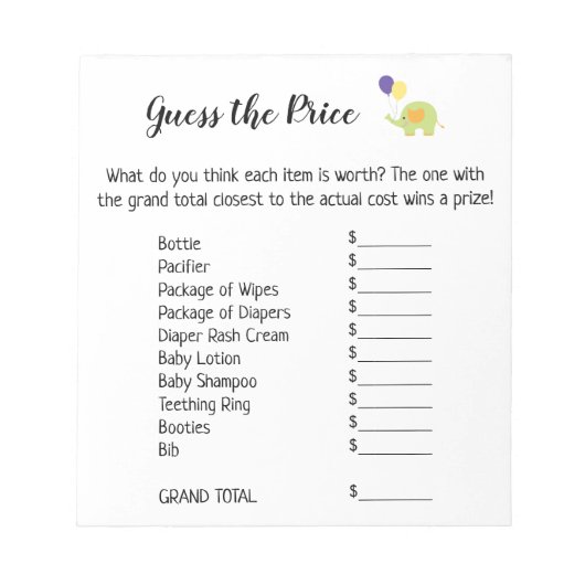 Raad eens de Prijs Wit met Cute Elephant Game Page Notitieblok (Voorkant)