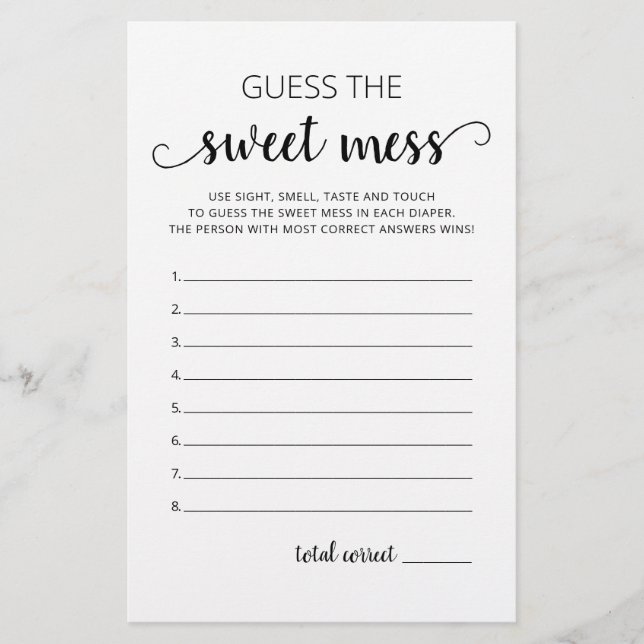 Raad eens de Sweet Mess Baby shower Game (Voorkant)