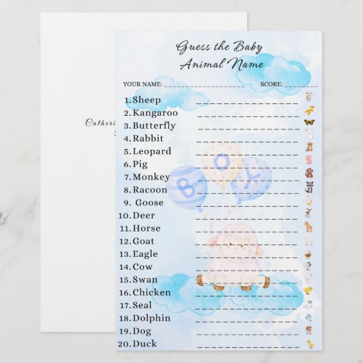 Raad eens het Baby Animal Game Baby shower (Voorkant / Achterkant)