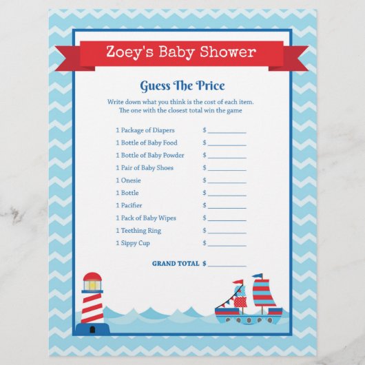 Raad eens het Baby shower Prijsspel Nautical Theme (Voorkant)