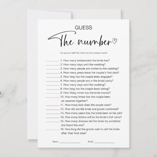 Raad eens het nummer Vrijgezellenfeest spel Kaart (Voorkant)