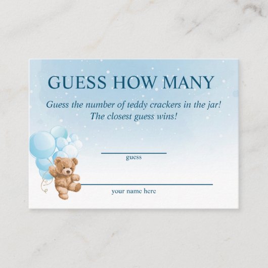 Raad eens hoeveel Blue Teddy Bear Baby shower Kaar Informatiekaartje (Voorkant)
