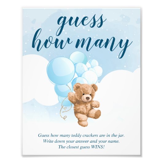 Raad eens hoeveel Blue Teddy Bear Baby shower teke Foto Afdruk (Voorkant)