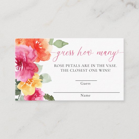 Raad eens hoeveel roze oranje pioen baby shower informatiekaartje (Voorkant)