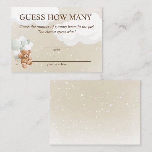 Raad eens hoeveel Sage Teddy Bear Baby shower Kaar Informatiekaartje (Voorkant / Achterkant)