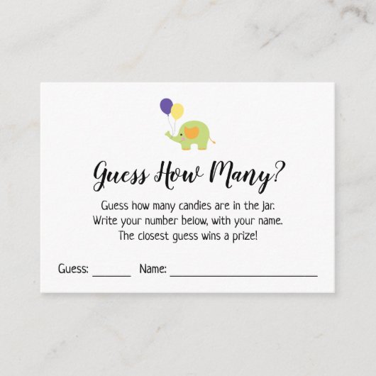 Raad eens hoeveel? White met Cute Elephant Game Ca Informatiekaartje (Voorkant)