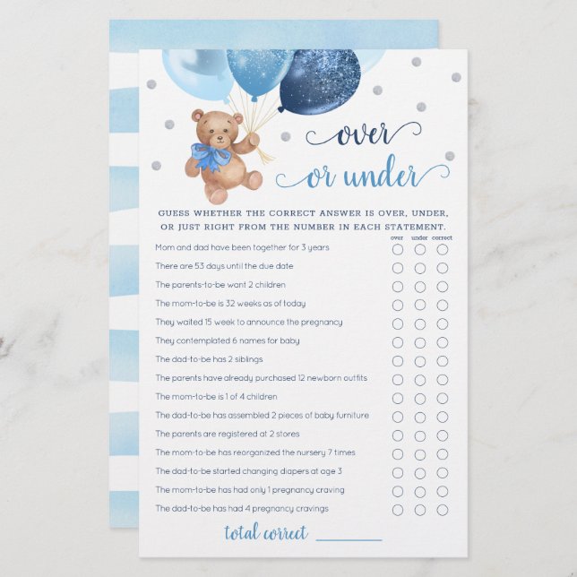 Raad eens over of onder het Baby shower Game Teddy (Voorkant / Achterkant)