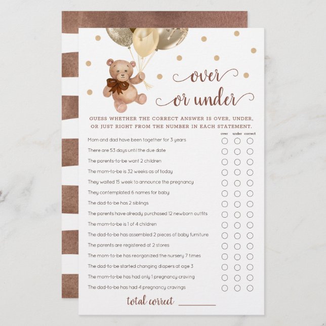 Raad eens over of onder het Baby shower Game Teddy (Voorkant / Achterkant)