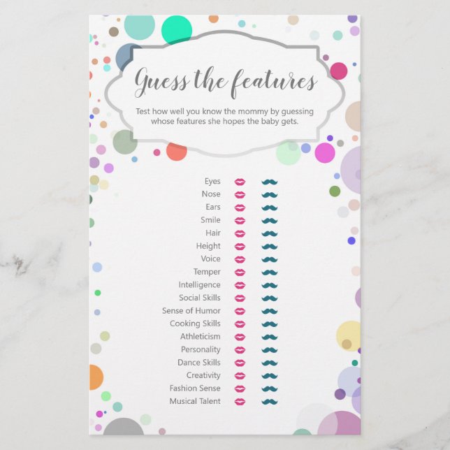 "Raad eens wat de functies zijn" Baby Trait Shower (Voorkant)