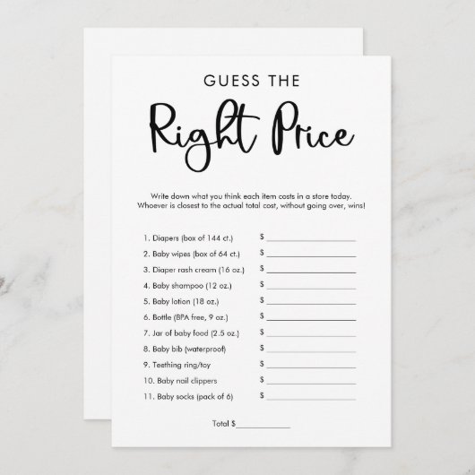 Raad eens wat de juiste prijs-baby shower game mod kaart (Voorkant / Achterkant)