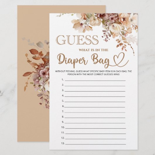 Raad eens wat er in de luiertas floral baby shower (Voorkant / Achterkant)