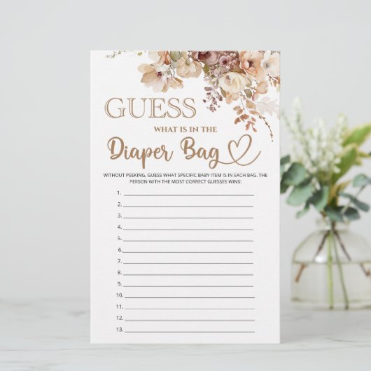 Raad eens wat er in de luiertas floral baby shower (Staand voorkant)