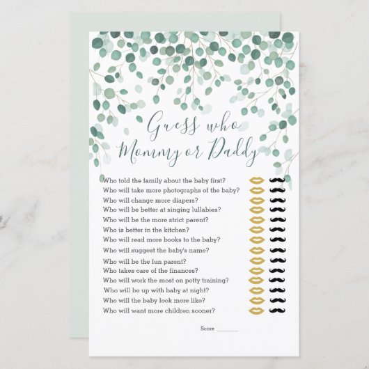 Raad eens wie Baby shower de Eucalyptus-bladeren h (Voorkant / Achterkant)