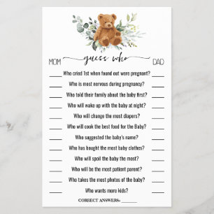 Raad eens wie Beer Greenery Baby shower Game Card Flyer