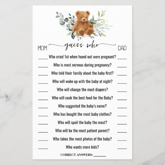Raad eens wie Beer Greenery Baby shower Game Card Flyer (Voorkant)