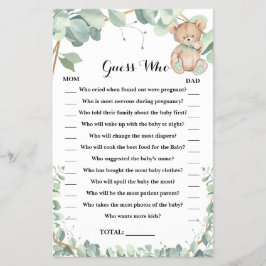Raad eens wie Beer Greenery Baby shower Game Card Flyer