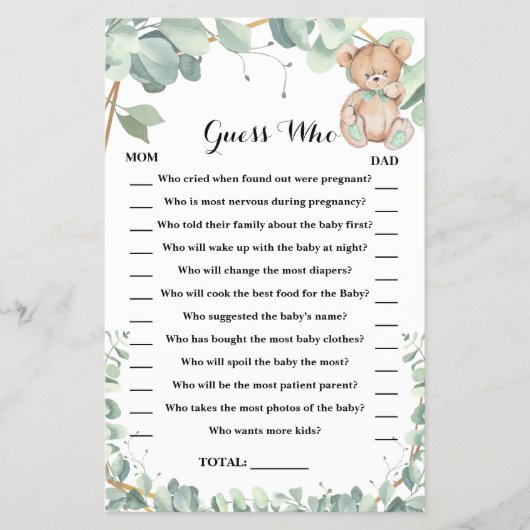 Raad eens wie Beer Greenery Baby shower Game Card Flyer (Voorkant)